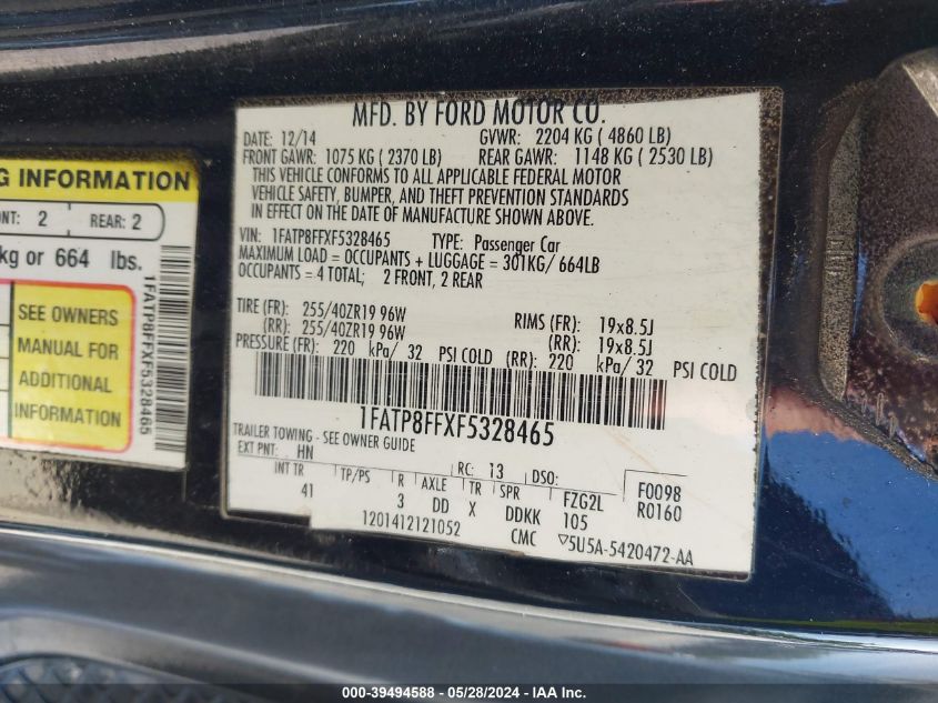 2015 Ford Mustang Gt Premium VIN: 1FATP8FFXF5328465 Lot: 39494588