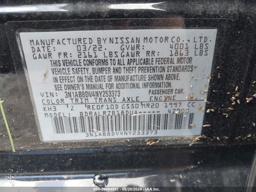 2022 Nissan Sentra Sr Xtronic Cvt VIN: 3N1AB8DV4NY253373 Lot: 39494591