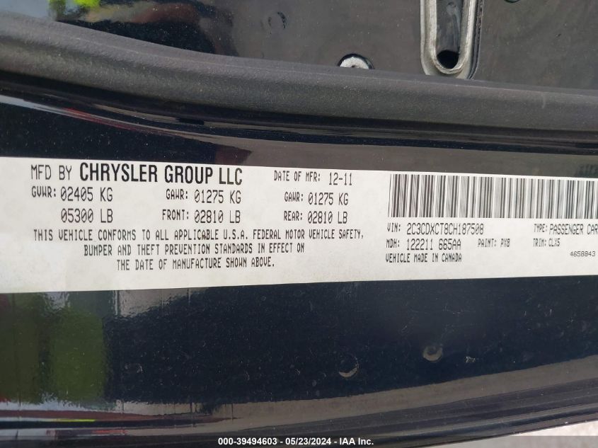 2012 Dodge Charger R/T VIN: 2C3CDXCT8CH187508 Lot: 39494603