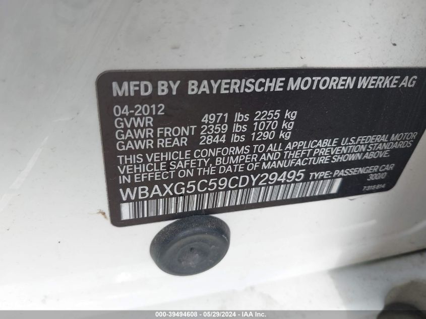 2012 BMW 528I VIN: WBAXG5C59CDY29495 Lot: 39494608