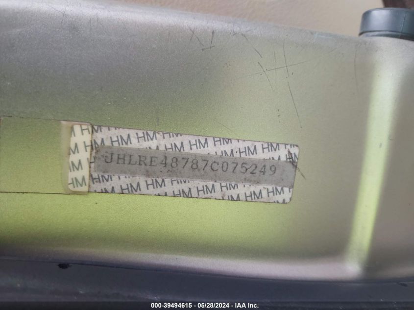 2007 Honda Cr-V Ex-L VIN: JHLRE48787C075249 Lot: 39494615