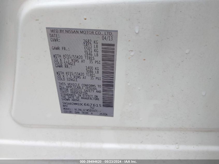 2013 Nissan Pathfinder Platinum VIN: 5N1AR2MM1DC667615 Lot: 39494620