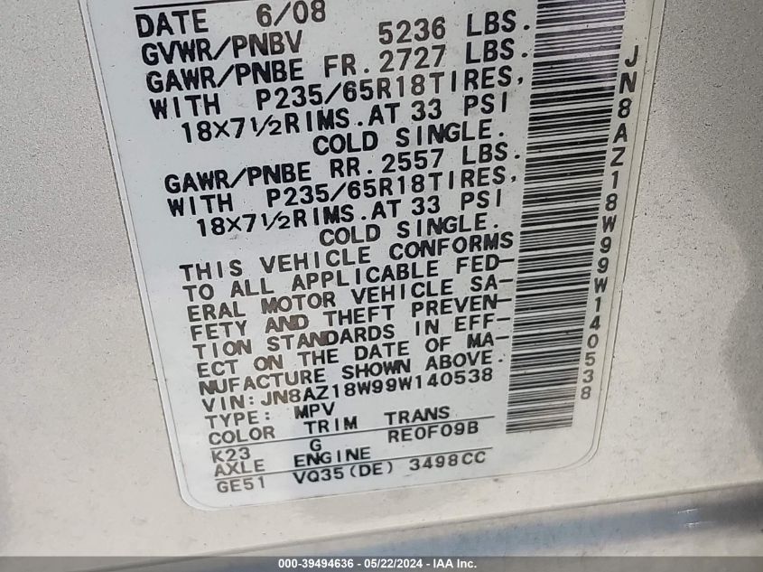 2009 Nissan Murano Sl VIN: JN8AZ18W99W140538 Lot: 39494636