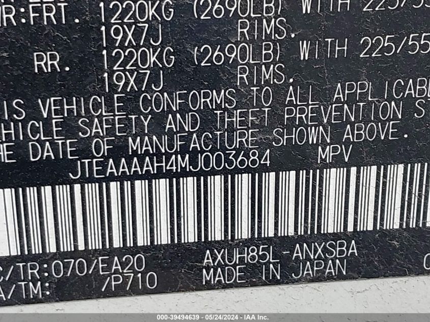 2021 Toyota Venza Limited VIN: JTEAAAAH4MJ003684 Lot: 39494639