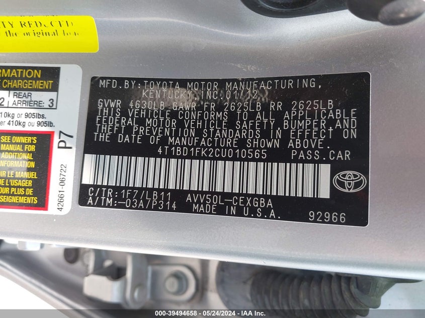 2012 Toyota Camry Hybrid Xle VIN: 4T1BD1FK2CU010565 Lot: 39494658