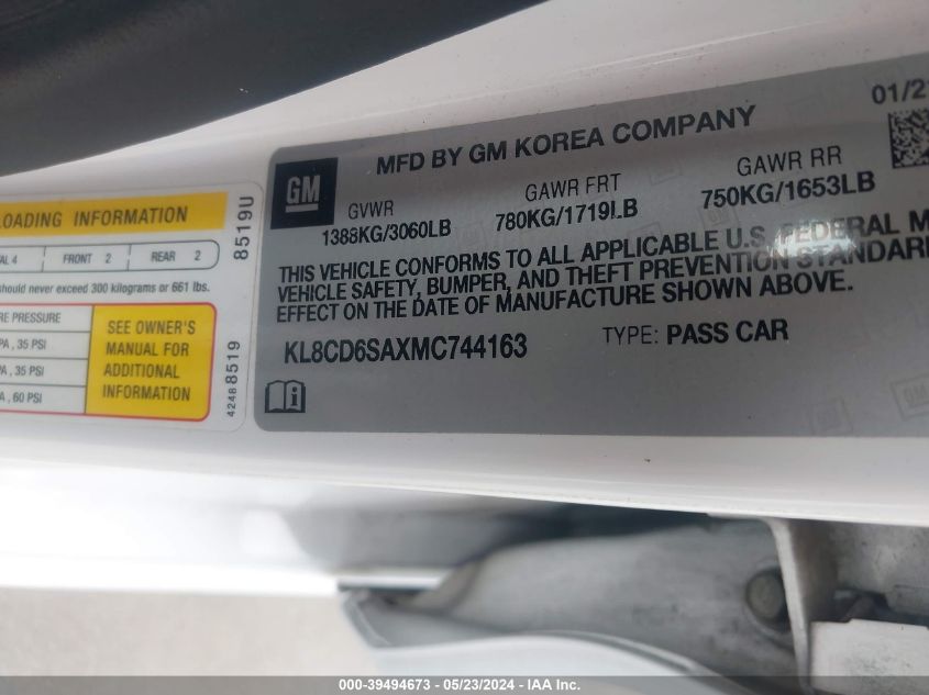 2021 Chevrolet Spark Fwd 1Lt Automatic VIN: KL8CD6SAXMC744163 Lot: 39494673