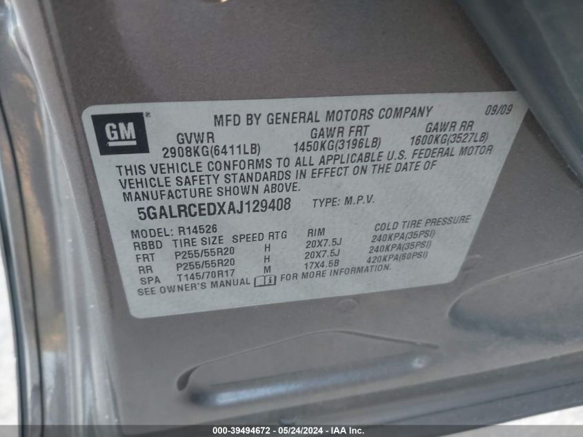 2010 Buick Enclave 2Xl VIN: 5GALRCEDXAJ129408 Lot: 39494672