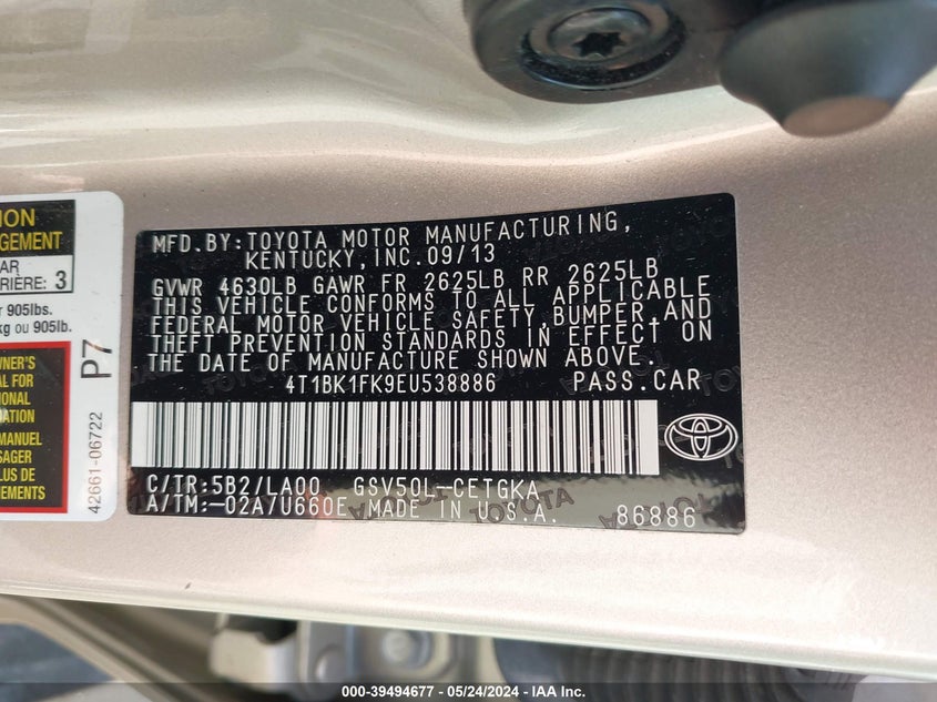 2014 Toyota Camry Xle V6 VIN: 4T1BK1FK9EU538886 Lot: 39494677