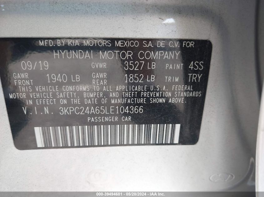 2020 Hyundai Accent Se VIN: 3KPC24A65LE104366 Lot: 39494681