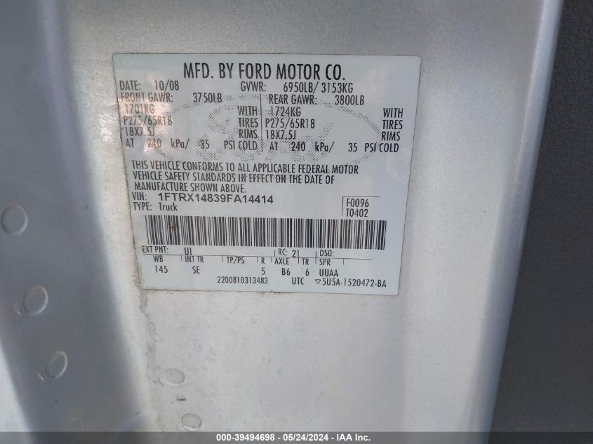 2009 Ford F-150 Stx/Xl/Xlt VIN: 1FTRX14839FA14414 Lot: 39494698