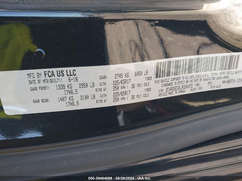 2018 Dodge Grand Caravan Gt VIN: 2C4RDGEG6JR334972 Lot: 39494699