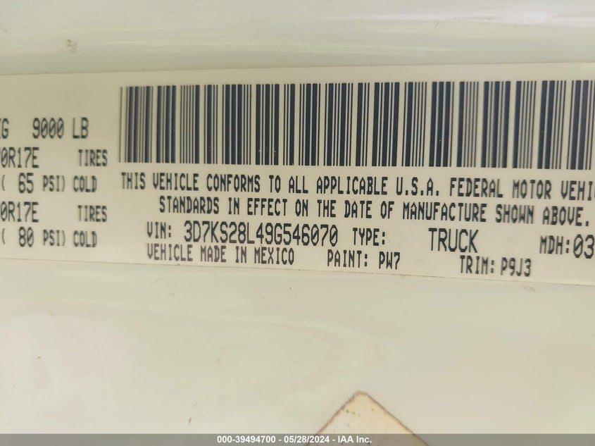 2009 Dodge Ram 2500 St VIN: 3D7KS28L49G546070 Lot: 39494700