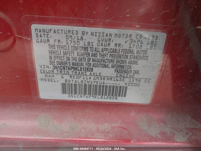 2019 Nissan Versa 1.6 Sv VIN: 3N1CN7AP9KL812828 Lot: 39494711