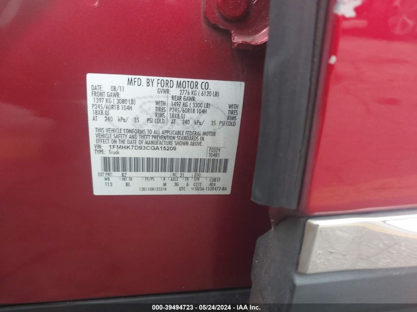 2012 Ford Explorer Xlt VIN: 1FMHK7D93CGA15209 Lot: 39494723