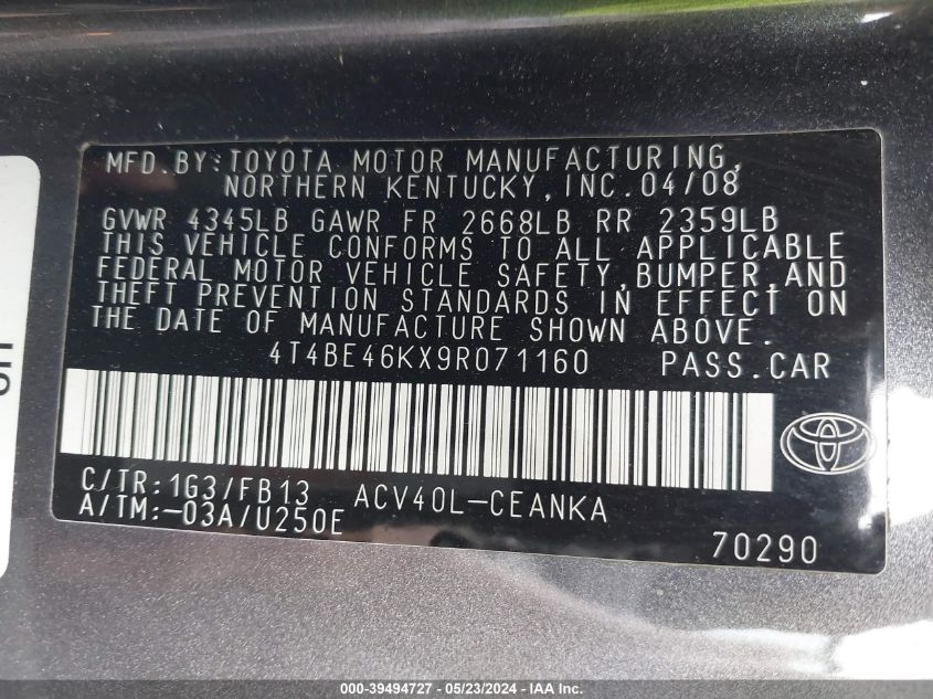 2009 Toyota Camry Le VIN: 4T4BE46KX9R071160 Lot: 39494727