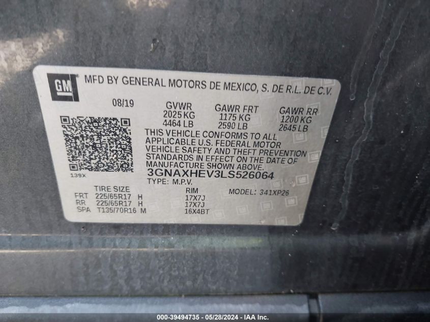 2020 Chevrolet Equinox Fwd Ls VIN: 3GNAXHEV3LS526064 Lot: 39494735