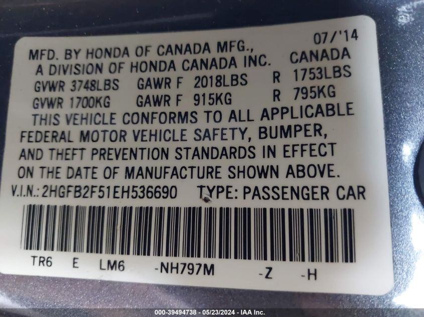 2014 Honda Civic Lx VIN: 2HGFB2F51EH536690 Lot: 39494738