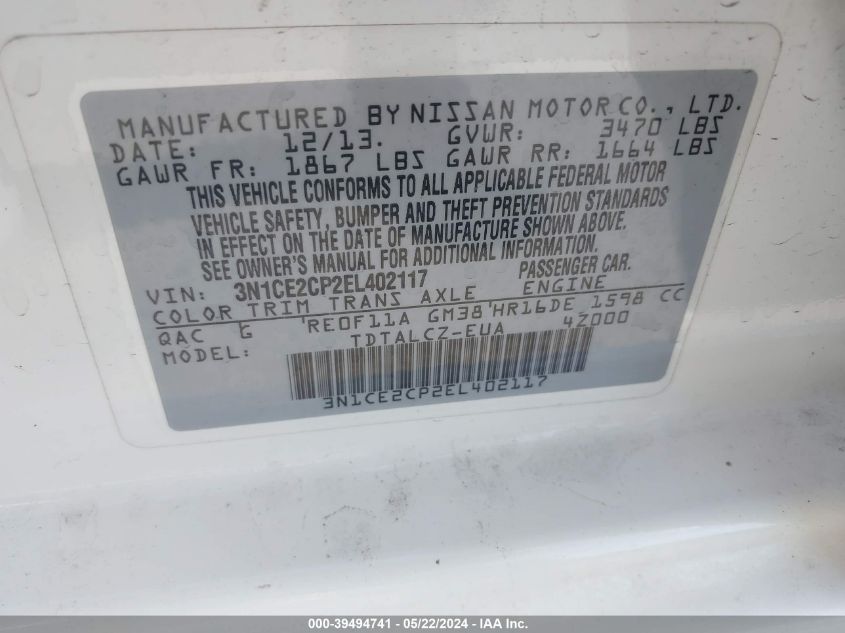 2014 Nissan Versa Note S Plus VIN: 3N1CE2CP2EL402117 Lot: 39494741