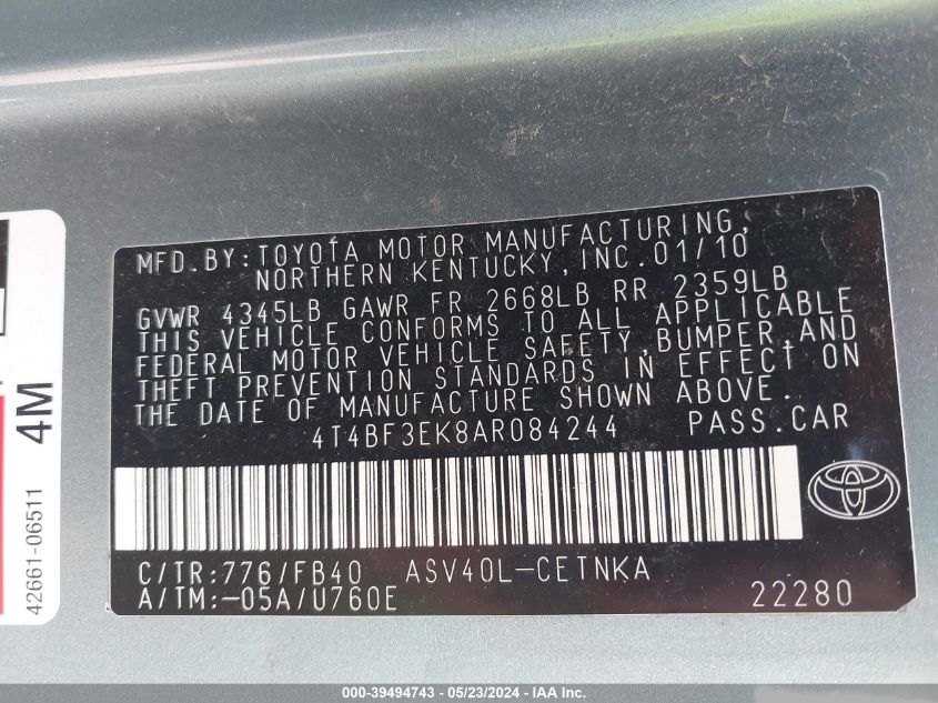 2010 Toyota Camry Le VIN: 4T4BF3EK8AR084244 Lot: 39494743