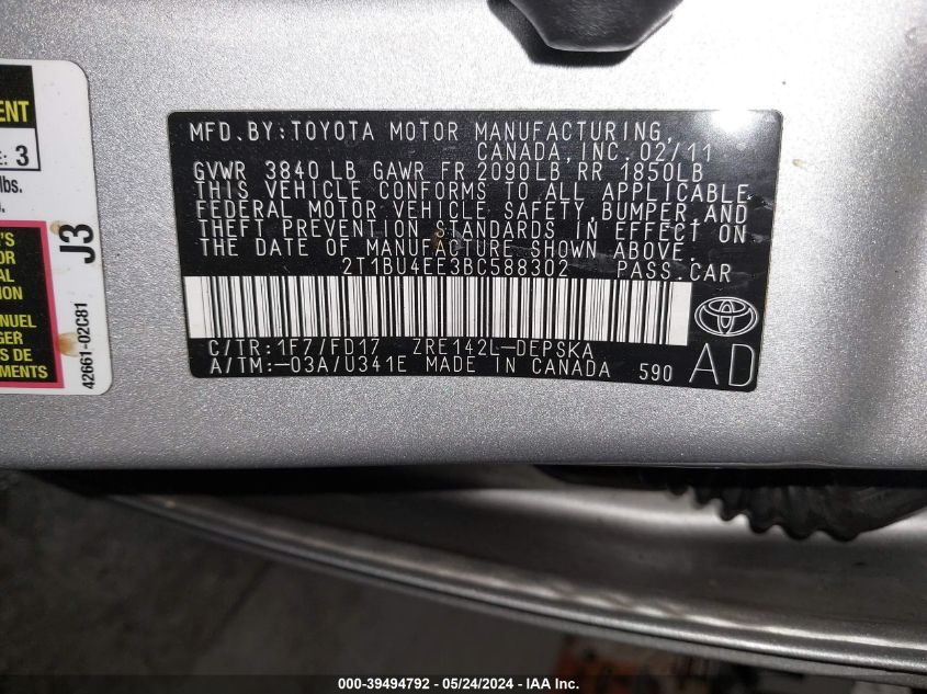 2011 Toyota Corolla S VIN: 2T1BU4EE3BC588302 Lot: 39494792