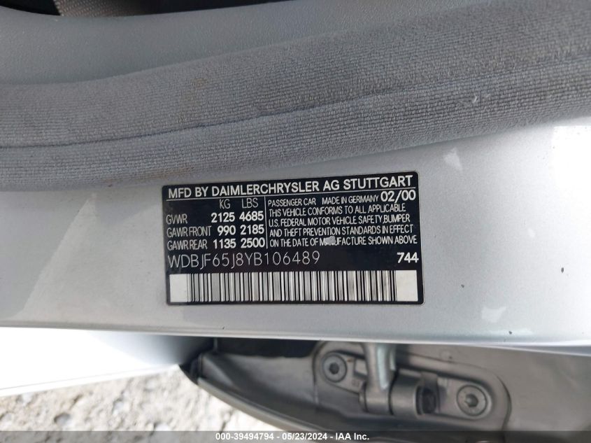 2000 Mercedes-Benz E 320 VIN: WDBJF65J8YB106489 Lot: 39494794