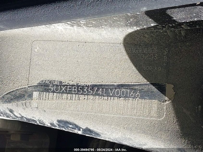 2004 BMW X5 4.4I VIN: 5UXFB53574LV00166 Lot: 39494795