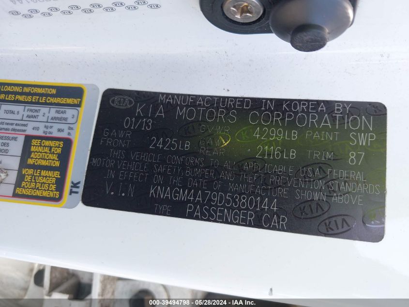 2013 Kia Optima Lx VIN: KNAGM4A79D5380144 Lot: 39494798