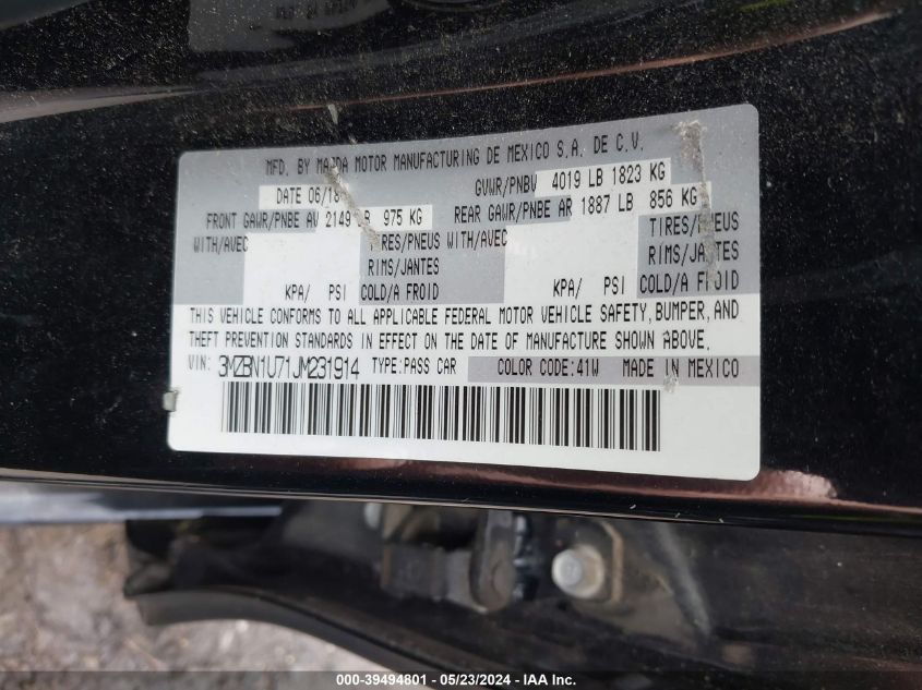 2018 Mazda Mazda3 Sport VIN: 3MZBN1U71JM231914 Lot: 39494801