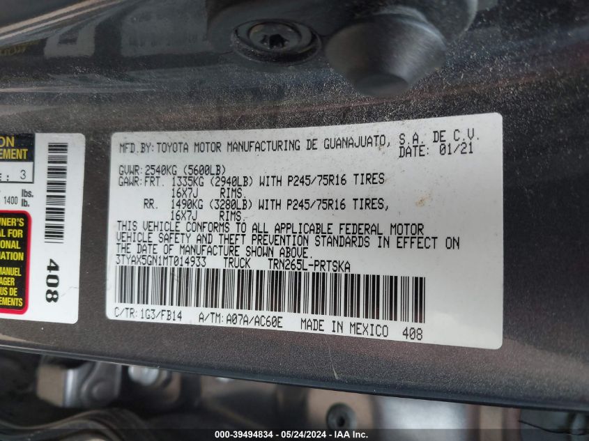 2021 Toyota Tacoma Sr VIN: 3TYAX5GN1MT014933 Lot: 39494834