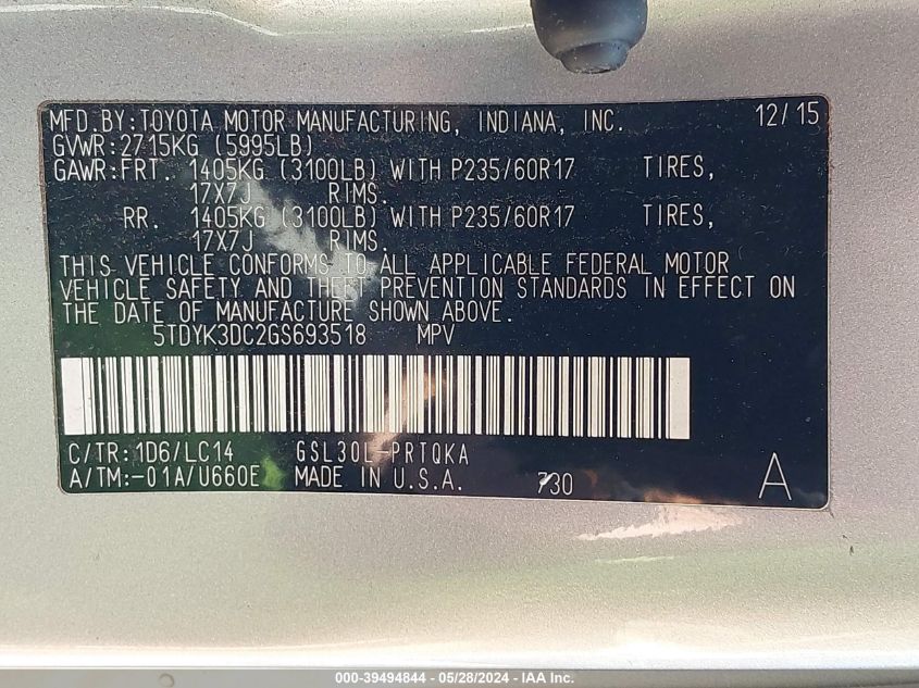 2016 Toyota Sienna Xle 8 Passenger VIN: 5TDYK3DC2GS693518 Lot: 39494844