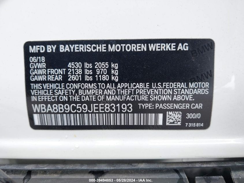 2018 BMW 330I VIN: WBA8B9C59JEE83193 Lot: 39494853