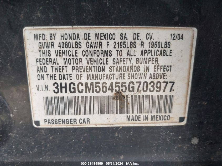 2005 Honda Accord 2.4 Lx VIN: 3HGCM56455G703977 Lot: 39494859