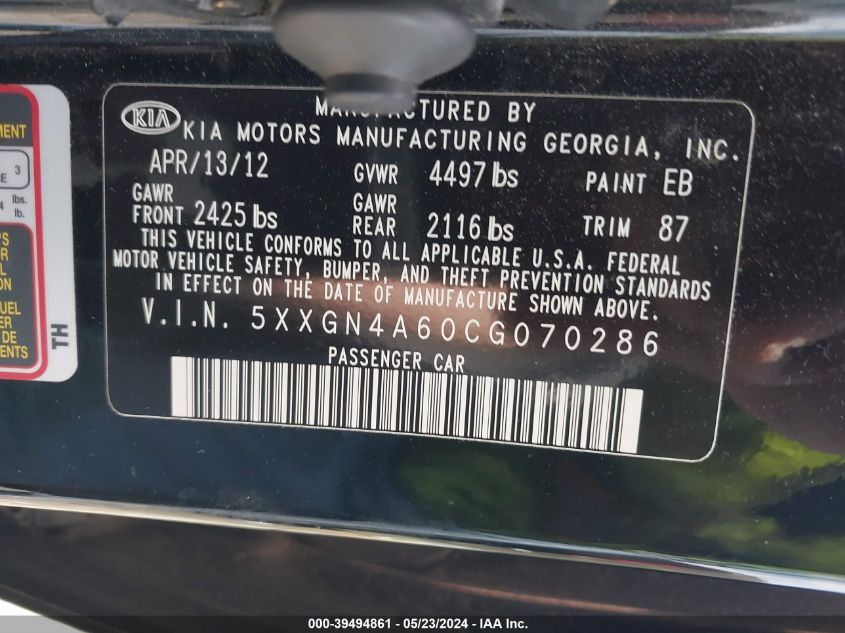 2012 Kia Optima Ex Turbo VIN: 5XXGN4A60CG070286 Lot: 39494861