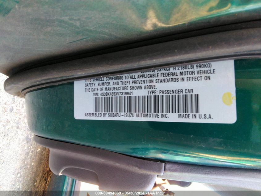 1997 Subaru Legacy L/Postal Right-Hand Drive VIN: 4S3BK435XV7319941 Lot: 39494869