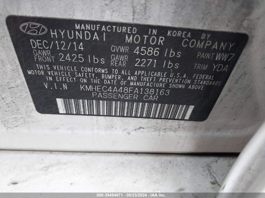 2015 Hyundai Sonata Hybrid VIN: KMHEC4A48FA138163 Lot: 39494871