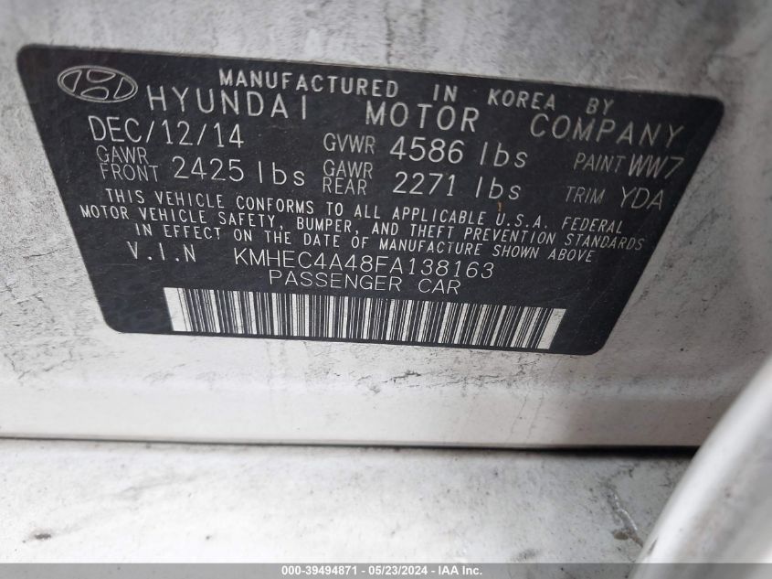 KMHEC4A48FA138163 | 2015 HYUNDAI SONATA HYBRID