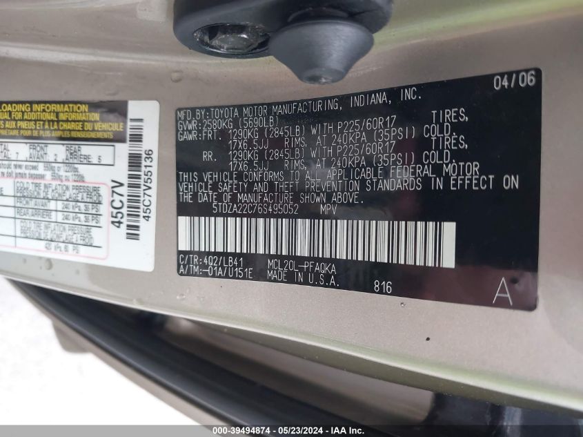 2006 Toyota Sienna Xle VIN: 5TDZA22C76S495052 Lot: 39494874