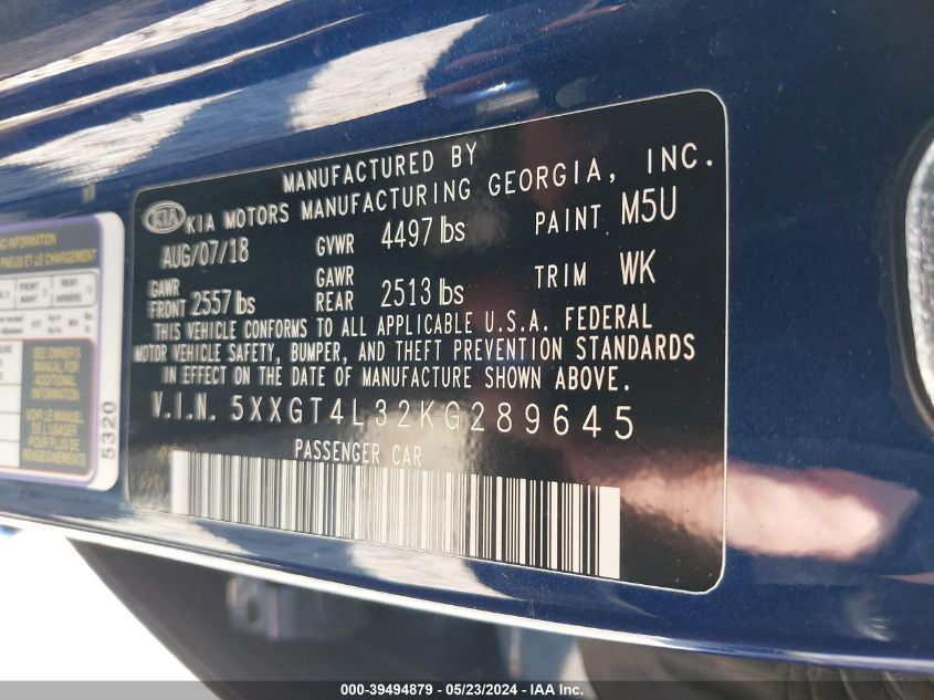 2019 Kia Optima S VIN: 5XXGT4L32KG289645 Lot: 39494879