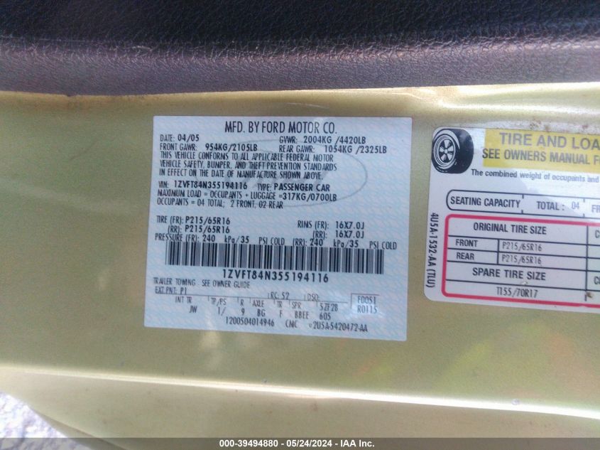 2005 Ford Mustang VIN: 1ZVFT84N355194116 Lot: 39494880