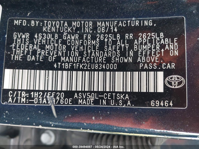 2014 Toyota Camry Se VIN: 4T1BF1FK2EU834000 Lot: 39494887