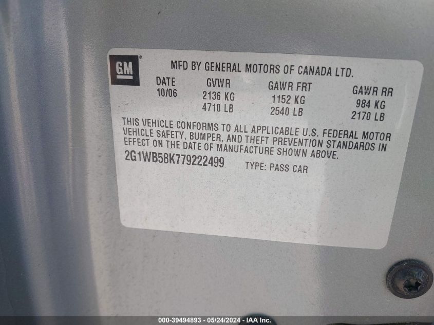2007 Chevrolet Impala Ls VIN: 2G1WB58K779222499 Lot: 39494893