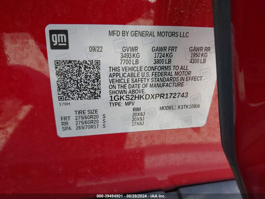 2023 GMC Yukon Xl 4Wd At4 VIN: 1GKS2HKDXPR172743 Lot: 39494901