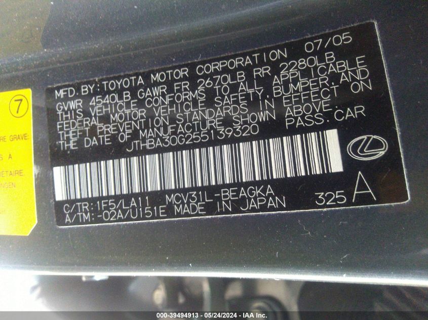 2005 Lexus Es 330 VIN: JTHBA30G255139320 Lot: 39494913