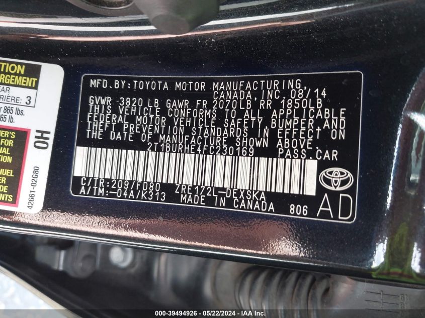 2015 Toyota Corolla S Plus VIN: 2T1BURHE4FC230169 Lot: 39494926