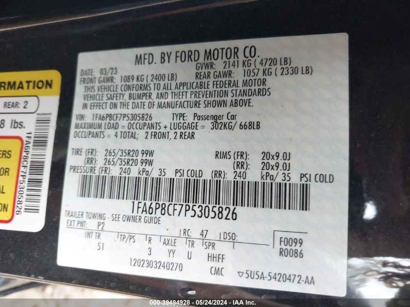 2023 Ford Mustang Gt Premium Fastback VIN: 1FA6P8CF7P5305826 Lot: 39494928