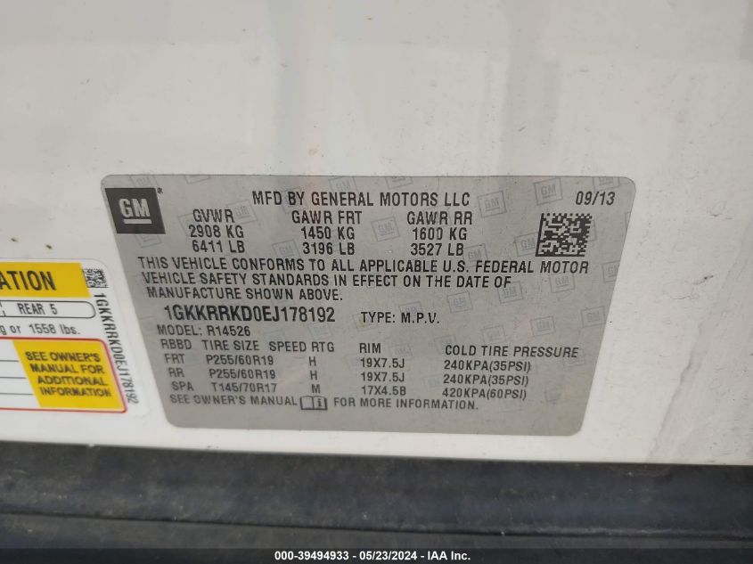 2014 GMC Acadia Slt-1 VIN: 1GKKRRKD0EJ178192 Lot: 39494933