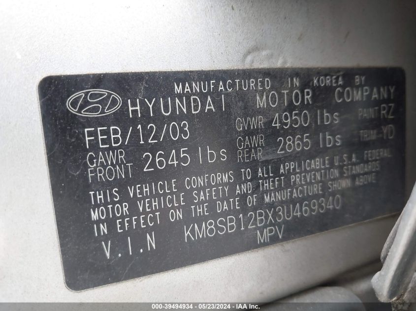 2003 Hyundai Santa Fe VIN: KM8SB12BX3U469340 Lot: 39494934