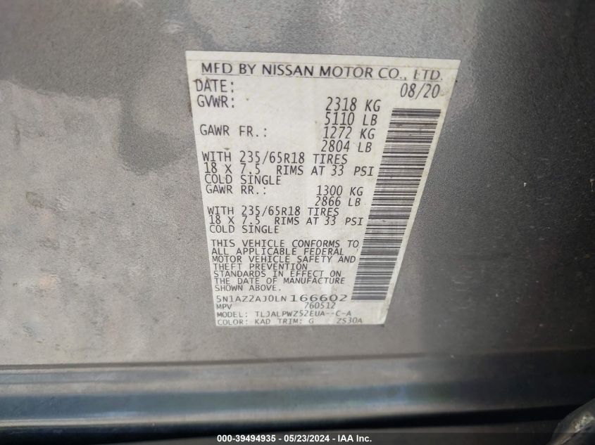 2020 Nissan Murano S Fwd VIN: 5N1AZ2AJ0LN166602 Lot: 39494935