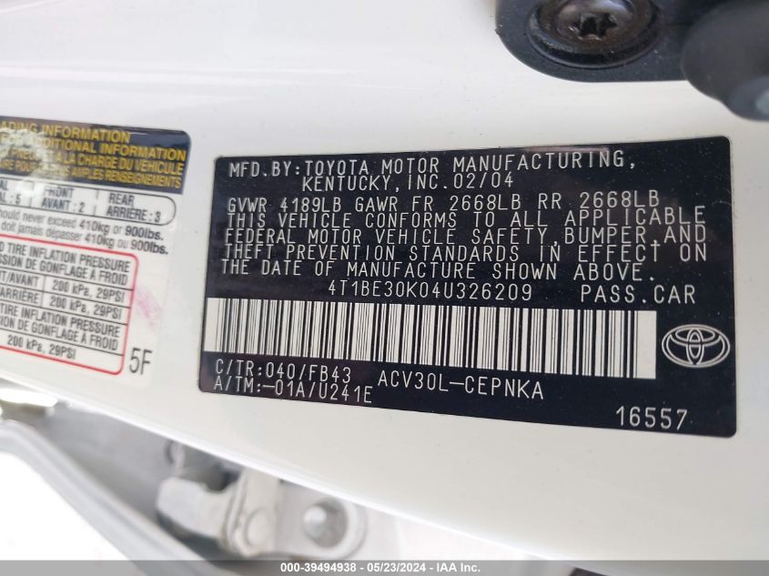 2004 Toyota Camry Le VIN: 4T1BE30K04U326209 Lot: 39494938