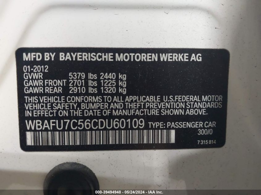 2012 BMW 535I xDrive VIN: WBAFU7C56CDU60109 Lot: 39494948